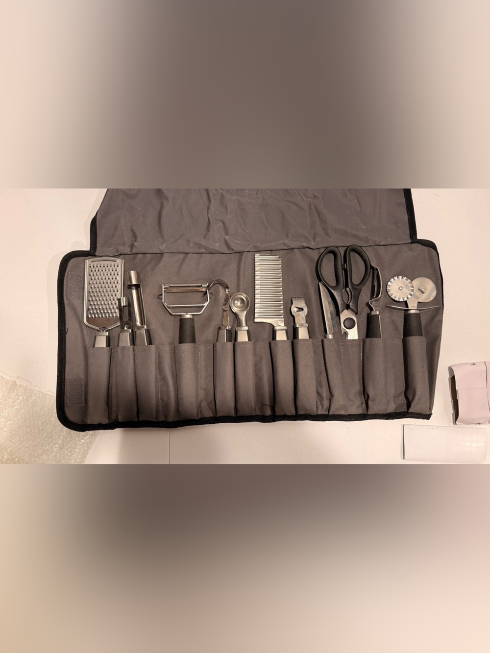 Wolfgang Puck 12 pc Bistro Kitchen Prep Set Gray Black Roll Up Case Chef Grade